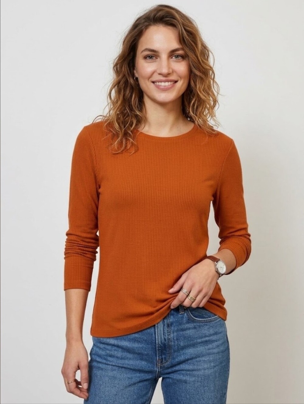 Nine West Long Sleeve Ribbed Scoop Neck Top - Burnt Orange/Rust